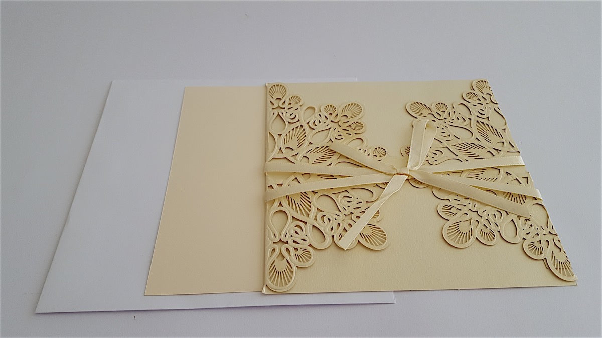 Wedding Invitation - Pearl Light Gold with Ribbon Square