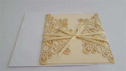 Wedding Invitation - Pearl Light Gold with Ribbon Square